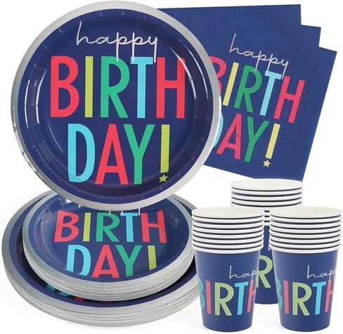 100 Pcs Party Plates and Cups and Napkins Sets, Birthday Paper Plates and Napkins, Disposable Tableware Set, Party Supplies for Kids Happy Birthday, Serve for 25, Dot Design in Saudi Arabia