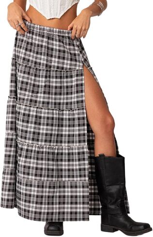 Women's Y2K Plaid Maxi Skirts Tiered Layer High Waist Sexy Side Slit Flowy A Line Beach Skirt in Saudi Arabia