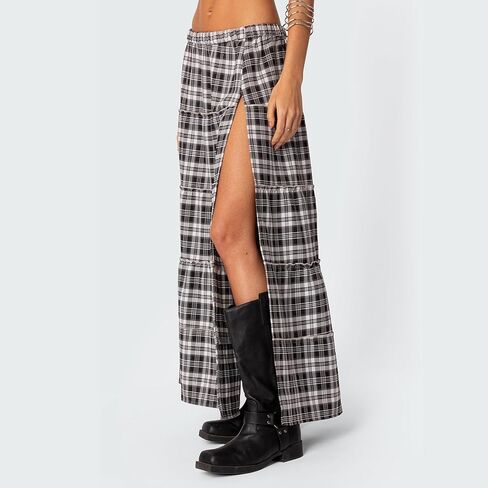 Women's Y2K Plaid Maxi Skirts Tiered Layer High Waist Sexy Side Slit Flowy A Line Beach Skirt in Saudi Arabia