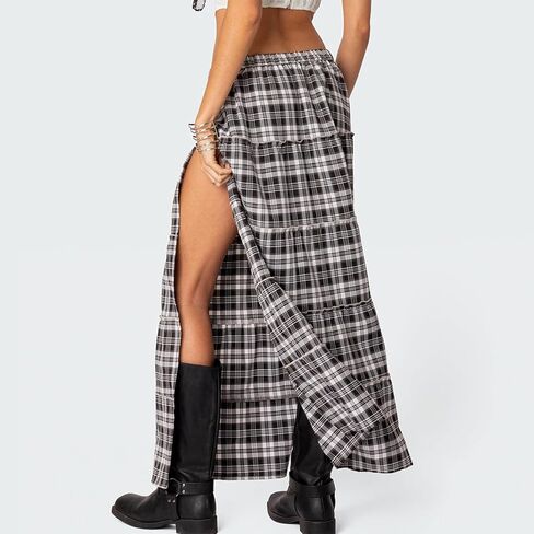 Women's Y2K Plaid Maxi Skirts Tiered Layer High Waist Sexy Side Slit Flowy A Line Beach Skirt in Saudi Arabia