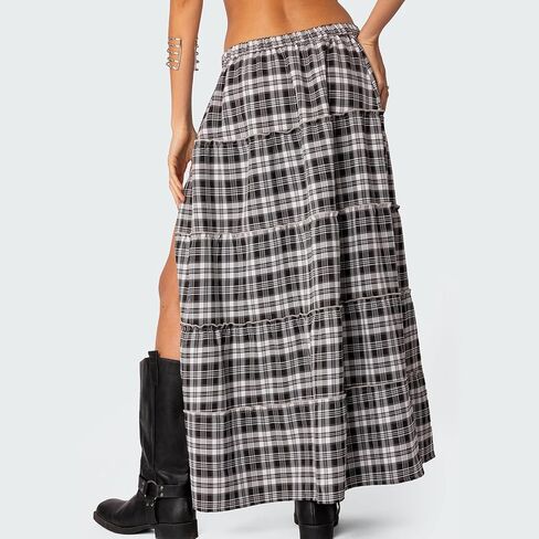 Women's Y2K Plaid Maxi Skirts Tiered Layer High Waist Sexy Side Slit Flowy A Line Beach Skirt in Saudi Arabia