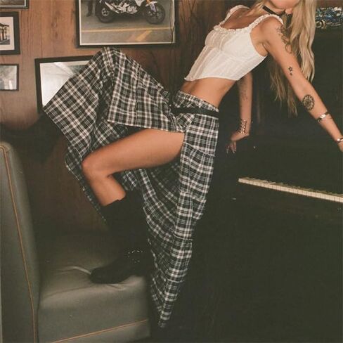 Women's Y2K Plaid Maxi Skirts Tiered Layer High Waist Sexy Side Slit Flowy A Line Beach Skirt in Saudi Arabia
