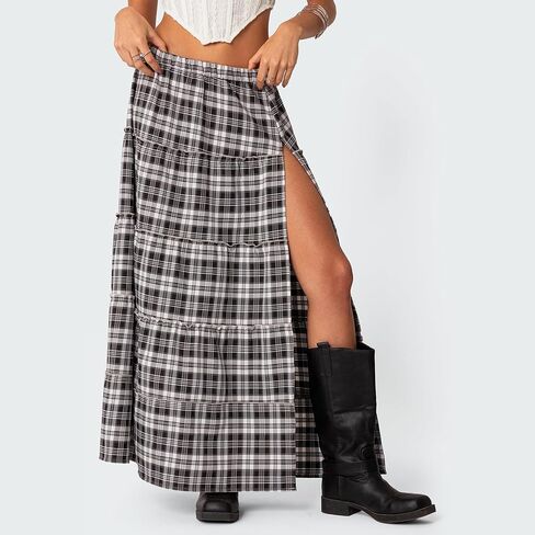 Women's Y2K Plaid Maxi Skirts Tiered Layer High Waist Sexy Side Slit Flowy A Line Beach Skirt in Saudi Arabia