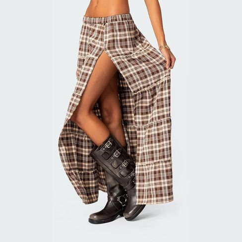 Women's Y2K Plaid Maxi Skirts Tiered Layer High Waist Sexy Side Slit Flowy A Line Beach Skirt in Saudi Arabia