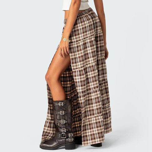 Women's Y2K Plaid Maxi Skirts Tiered Layer High Waist Sexy Side Slit Flowy A Line Beach Skirt in Saudi Arabia