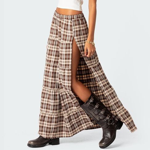Women's Y2K Plaid Maxi Skirts Tiered Layer High Waist Sexy Side Slit Flowy A Line Beach Skirt in Saudi Arabia