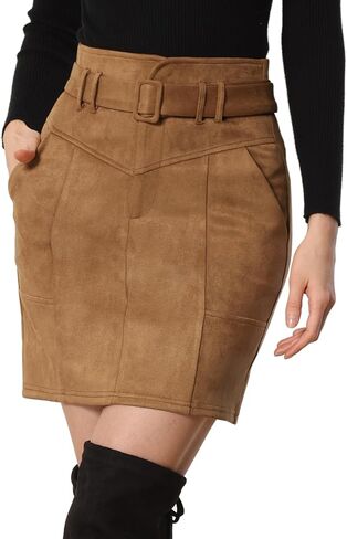 Allegra K Faux Suede Skirt for Women's High Waist Casual Belted Pencil Skirts in Kuwait