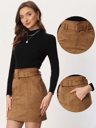 Allegra K Faux Suede Skirt for Women's High Waist Casual Belted Pencil Skirts in Kuwait