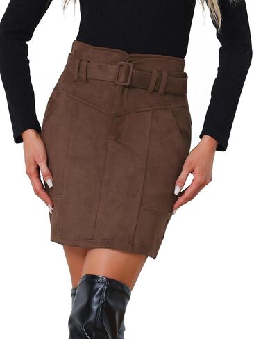 Allegra K Faux Suede Skirt for Women's High Waist Casual Belted Pencil Skirts in Kuwait