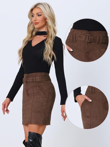 Allegra K Faux Suede Skirt for Women's High Waist Casual Belted Pencil Skirts in Kuwait