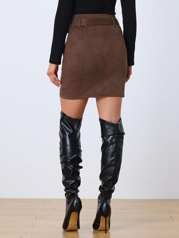 Allegra K Faux Suede Skirt for Women's High Waist Casual Belted Pencil Skirts in Kuwait