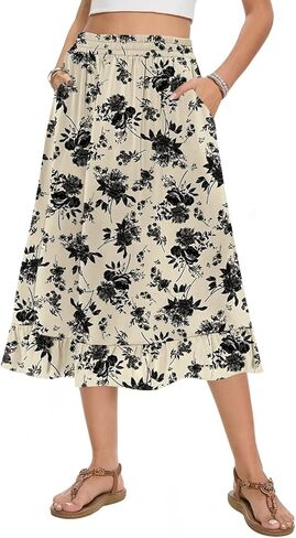 Midi Skirts for Women Trendy Elastic High Waist Flowy Swing A Line Casual Tiered Ruffle Skirt with Pockets in Saudi Arabia