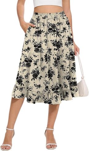 Midi Skirts for Women Trendy Elastic High Waist Flowy Swing A Line Casual Tiered Ruffle Skirt with Pockets in Saudi Arabia
