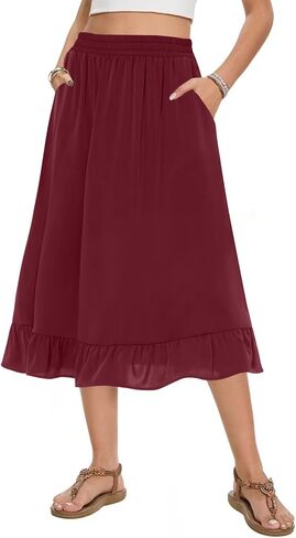Midi Skirts for Women Trendy Elastic High Waist Flowy Swing A Line Casual Tiered Ruffle Skirt with Pockets in Kuwait