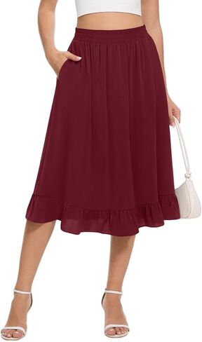 Midi Skirts for Women Trendy Elastic High Waist Flowy Swing A Line Casual Tiered Ruffle Skirt with Pockets in Kuwait