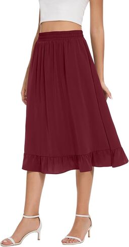 Midi Skirts for Women Trendy Elastic High Waist Flowy Swing A Line Casual Tiered Ruffle Skirt with Pockets in Kuwait