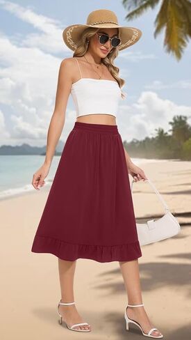 Midi Skirts for Women Trendy Elastic High Waist Flowy Swing A Line Casual Tiered Ruffle Skirt with Pockets in Kuwait