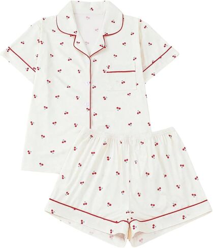 Women's Two Piece Pajama Sets Allover Print Short Sleeve Sleepwear Button Down Shirt and Bow Shorts Pj Set Loungewear in Kuwait
