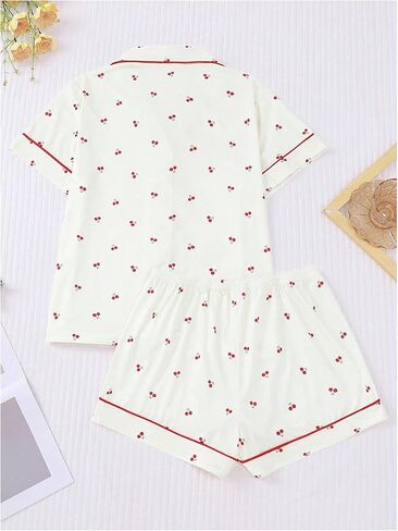 Women's Two Piece Pajama Sets Allover Print Short Sleeve Sleepwear Button Down Shirt and Bow Shorts Pj Set Loungewear in Kuwait