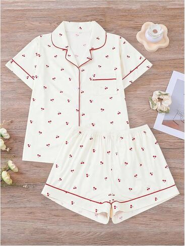 Women's Two Piece Pajama Sets Allover Print Short Sleeve Sleepwear Button Down Shirt and Bow Shorts Pj Set Loungewear in Kuwait