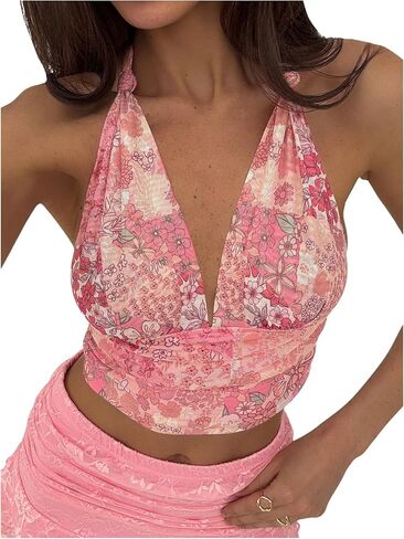 Milumia Women's Boho Paisley Print Tie Backless Halter Top Oblessed قمم اقتصاص in Saudi Arabia