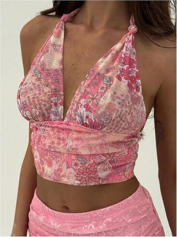 Milumia Women's Boho Paisley Print Tie Backless Halter Top Oblessed قمم اقتصاص in Saudi Arabia