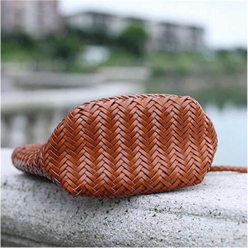 Top Layer Cowhide Hand Knitting Woven Shoulder Bag Vintage Leather Vegetable Basket Travel Beach Tote Bag(A3) in Saudi Arabia