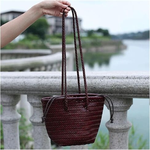 Top Layer Cowhide Hand Knitting Woven Shoulder Bag Vintage Leather Vegetable Basket Travel Beach Tote Bag(A3) in Saudi Arabia