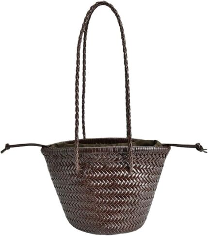 Top Layer Cowhide Hand Knitting Woven Shoulder Bag Vintage Leather Vegetable Basket Travel Beach Tote Bag(A3) in Saudi Arabia