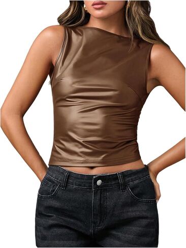 Milumia Women's Faux Leather Tank Top Shirt Ruched Fitted Going Out Tops in Saudi Arabia