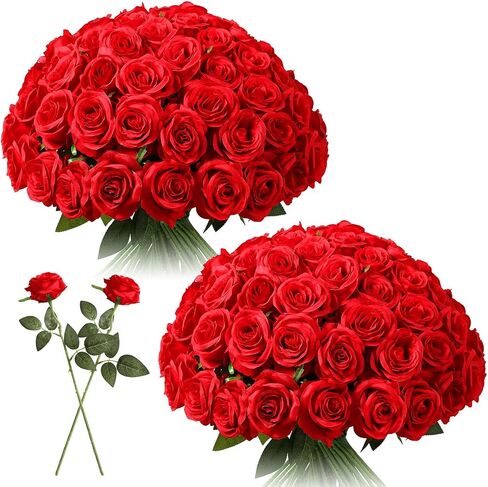 Tifuly 50pcs Red Roses in Bulk, Realistic Long Stem Fake Silk Roses Bouquet for Wedding Centerpiece Table Party Home Kitchen Decor in Kuwait