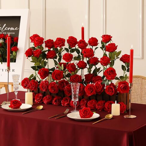 Tifuly 50pcs Red Roses in Bulk, Realistic Long Stem Fake Silk Roses Bouquet for Wedding Centerpiece Table Party Home Kitchen Decor in Kuwait