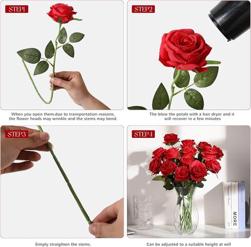Tifuly 50pcs Red Roses in Bulk, Realistic Long Stem Fake Silk Roses Bouquet for Wedding Centerpiece Table Party Home Kitchen Decor in Kuwait