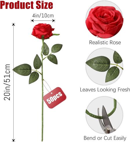 Tifuly 50pcs Red Roses in Bulk, Realistic Long Stem Fake Silk Roses Bouquet for Wedding Centerpiece Table Party Home Kitchen Decor in Kuwait