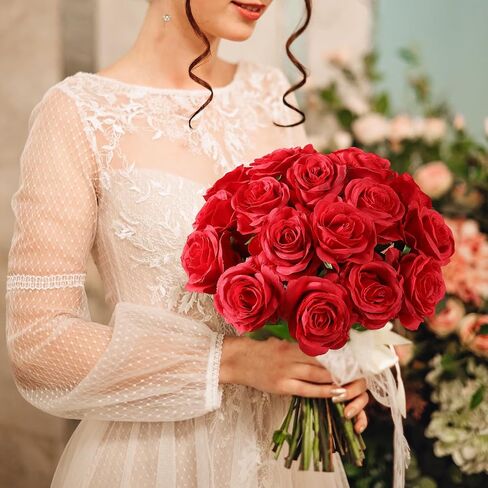 Tifuly 50pcs Red Roses in Bulk, Realistic Long Stem Fake Silk Roses Bouquet for Wedding Centerpiece Table Party Home Kitchen Decor in Kuwait