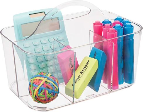 mDesign Plastic Small Office Storage Organizer Utility Tote Caddy with Handle for Cabinets, Desks, Workspaces - Hold Desktop Office Supplies, Pencils, Staplers Lumiere Collection, 2 Pack, Dark Gray in Kuwait