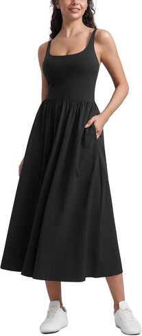 CRZ YOGA Maxi Square Neck Tank Dress for Women Sleeveless Padded Casual Travel Summer Flowy Outfits with Side Pockets in Saudi Arabia