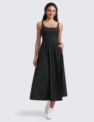 CRZ YOGA Maxi Square Neck Tank Dress for Women Sleeveless Padded Casual Travel Summer Flowy Outfits with Side Pockets in Saudi Arabia