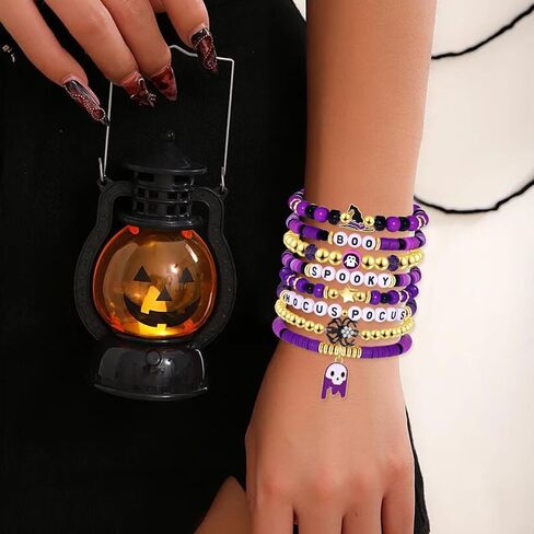 أساور هالوين faerliiry للنساء preppy heishi أساور hocus pocus stack stack stack stack vinyl disced surfer surfer stretch bracelet alcplay cosplay gifts in Saudi Arabia