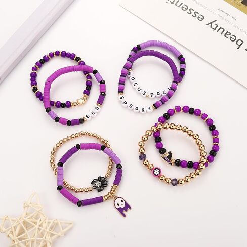 أساور هالوين faerliiry للنساء preppy heishi أساور hocus pocus stack stack stack stack vinyl disced surfer surfer stretch bracelet alcplay cosplay gifts in Saudi Arabia