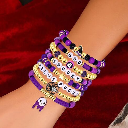 أساور هالوين faerliiry للنساء preppy heishi أساور hocus pocus stack stack stack stack vinyl disced surfer surfer stretch bracelet alcplay cosplay gifts in Saudi Arabia