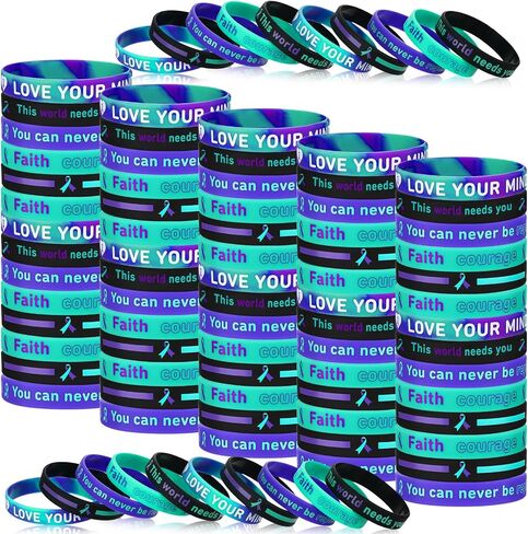 100 Pcs Suicide Prevention Awareness Silicone Wristband Bulk Purple Teal Ribbon Bracelet Motivational Bracelet for Suicide Prevention Awareness Inspirational Favor Charity Campaign Supplies in Saudi Arabia