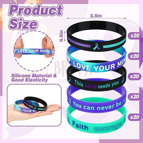 100 Pcs Suicide Prevention Awareness Silicone Wristband Bulk Purple Teal Ribbon Bracelet Motivational Bracelet for Suicide Prevention Awareness Inspirational Favor Charity Campaign Supplies in Saudi Arabia
