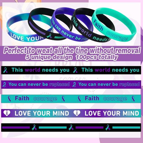 100 Pcs Suicide Prevention Awareness Silicone Wristband Bulk Purple Teal Ribbon Bracelet Motivational Bracelet for Suicide Prevention Awareness Inspirational Favor Charity Campaign Supplies in Saudi Arabia