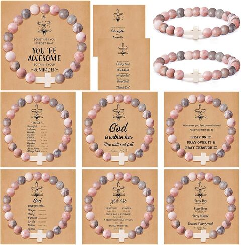 COLOYAN 9Pcs Cross Natural Stone Bracelets for Women, 8mm Stone Beaded Cross Bracelet for Mother Grandma Wife, with 9 Meaningful Card Inspirational in Kuwait