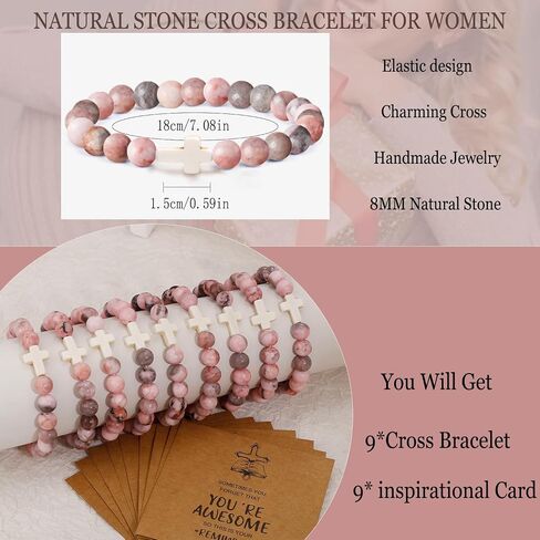 COLOYAN 9Pcs Cross Natural Stone Bracelets for Women, 8mm Stone Beaded Cross Bracelet for Mother Grandma Wife, with 9 Meaningful Card Inspirational in Kuwait