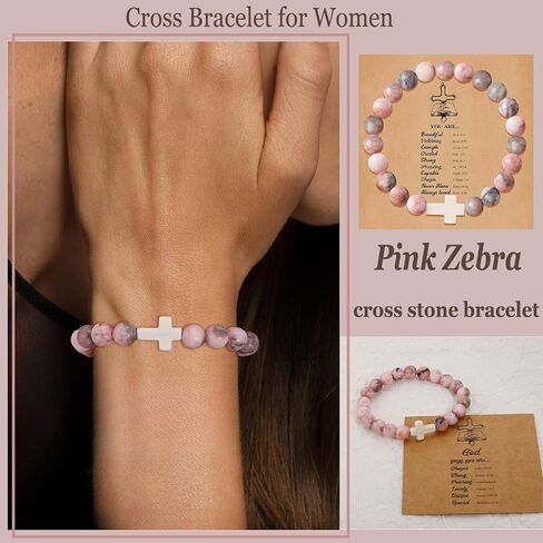 COLOYAN 9Pcs Cross Natural Stone Bracelets for Women, 8mm Stone Beaded Cross Bracelet for Mother Grandma Wife, with 9 Meaningful Card Inspirational in Kuwait