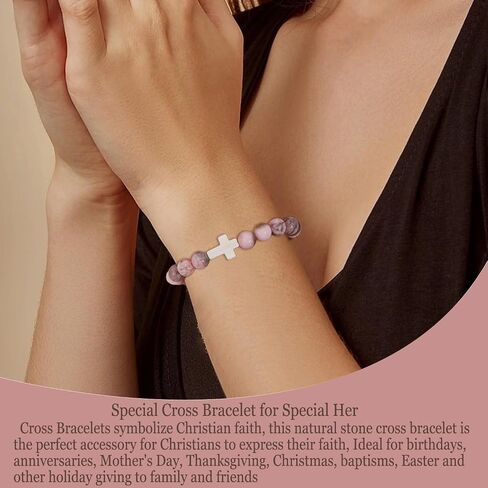 COLOYAN 9Pcs Cross Natural Stone Bracelets for Women, 8mm Stone Beaded Cross Bracelet for Mother Grandma Wife, with 9 Meaningful Card Inspirational in Kuwait