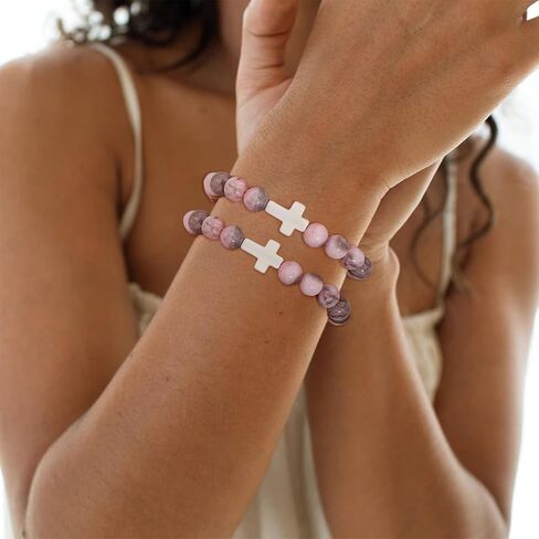 COLOYAN 9Pcs Cross Natural Stone Bracelets for Women, 8mm Stone Beaded Cross Bracelet for Mother Grandma Wife, with 9 Meaningful Card Inspirational in Kuwait
