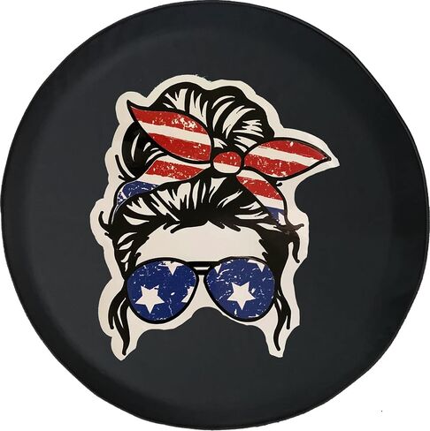 RCH American Flag Messy Bun Girl JL غطاء إطار احتياطي مع كاميرا احتياطية سوداء الحجم 32 بوصة in Saudi Arabia